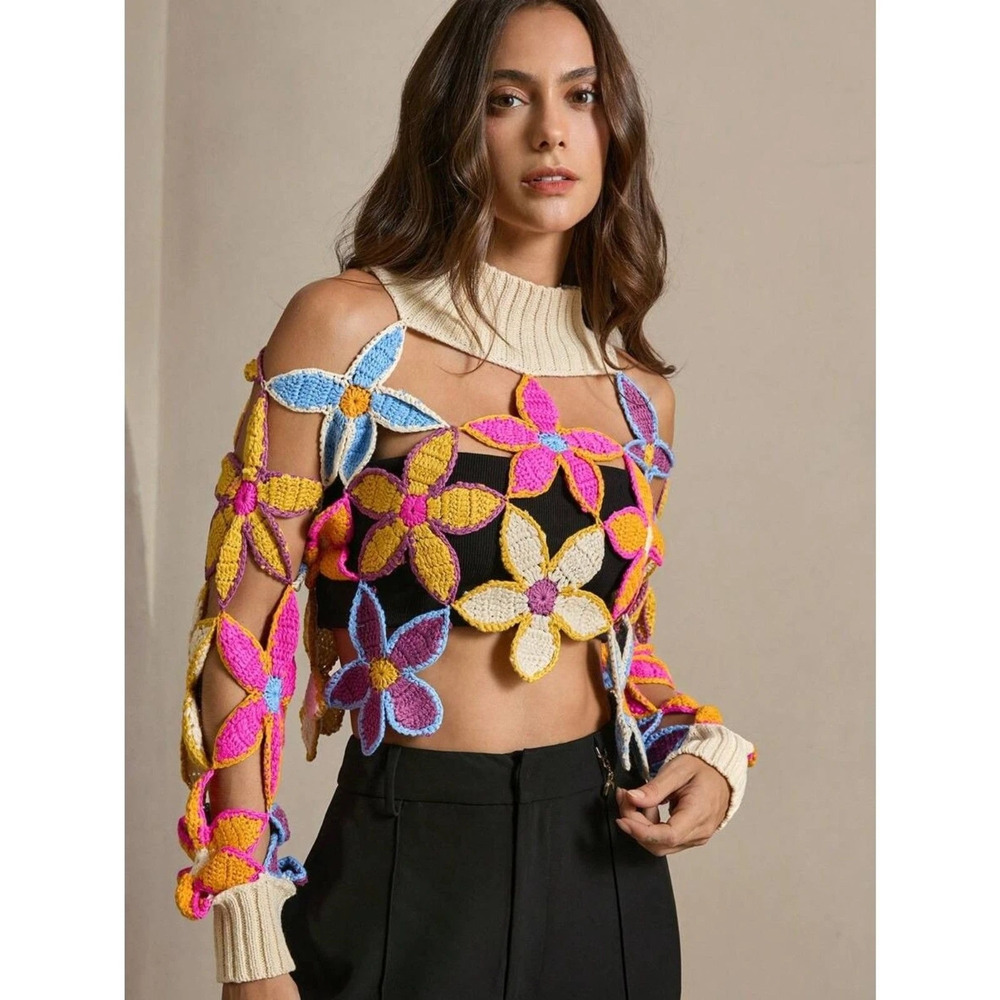 Boho Chic Design Crochet Floral Cutout Sweater – Knit Top with High Neck, M